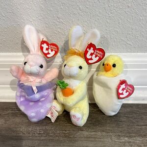Ty Pastel Easter Bunny & Chick Plush Trio - Yellow, Pink, Purple - NWT